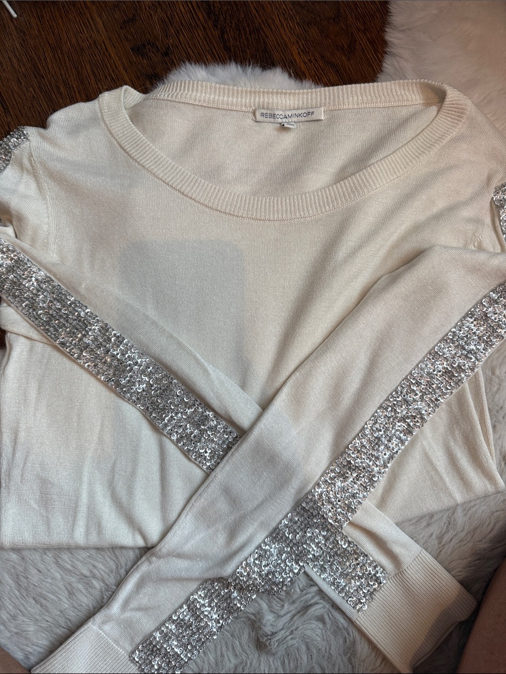Rebecca Minkoff Cream Sweater with Silver Sequin Stripes